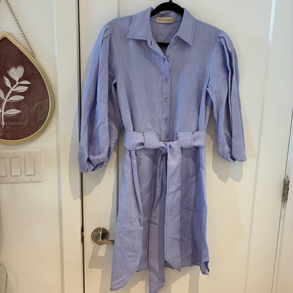 Purificacin Garcia Light Blue Belted Puff Sleeve Belted Cotton Dress